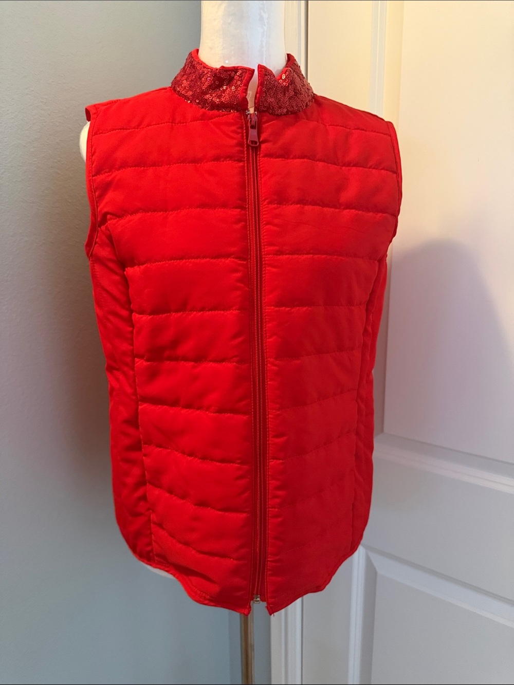 Onque Casuals Red Quilted Puffer Vest with Sequin Collar
